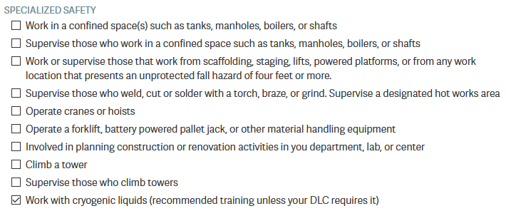 Select the "working with cryogenic liquids" training.