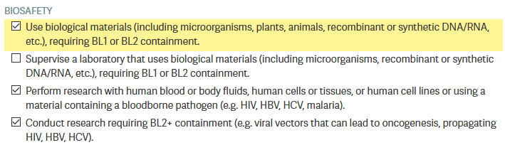 Select the BL1/BL2 and BL2+ training categories, plus then performing research with human cells.