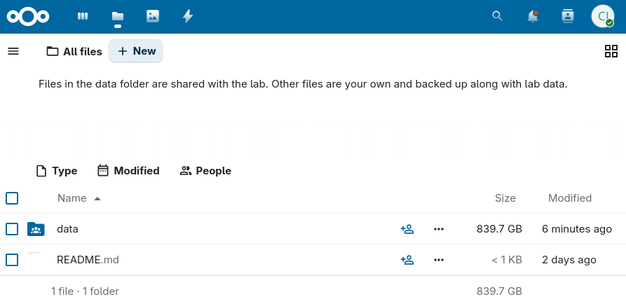 A view of the Nextcloud files view, showing the data folder.